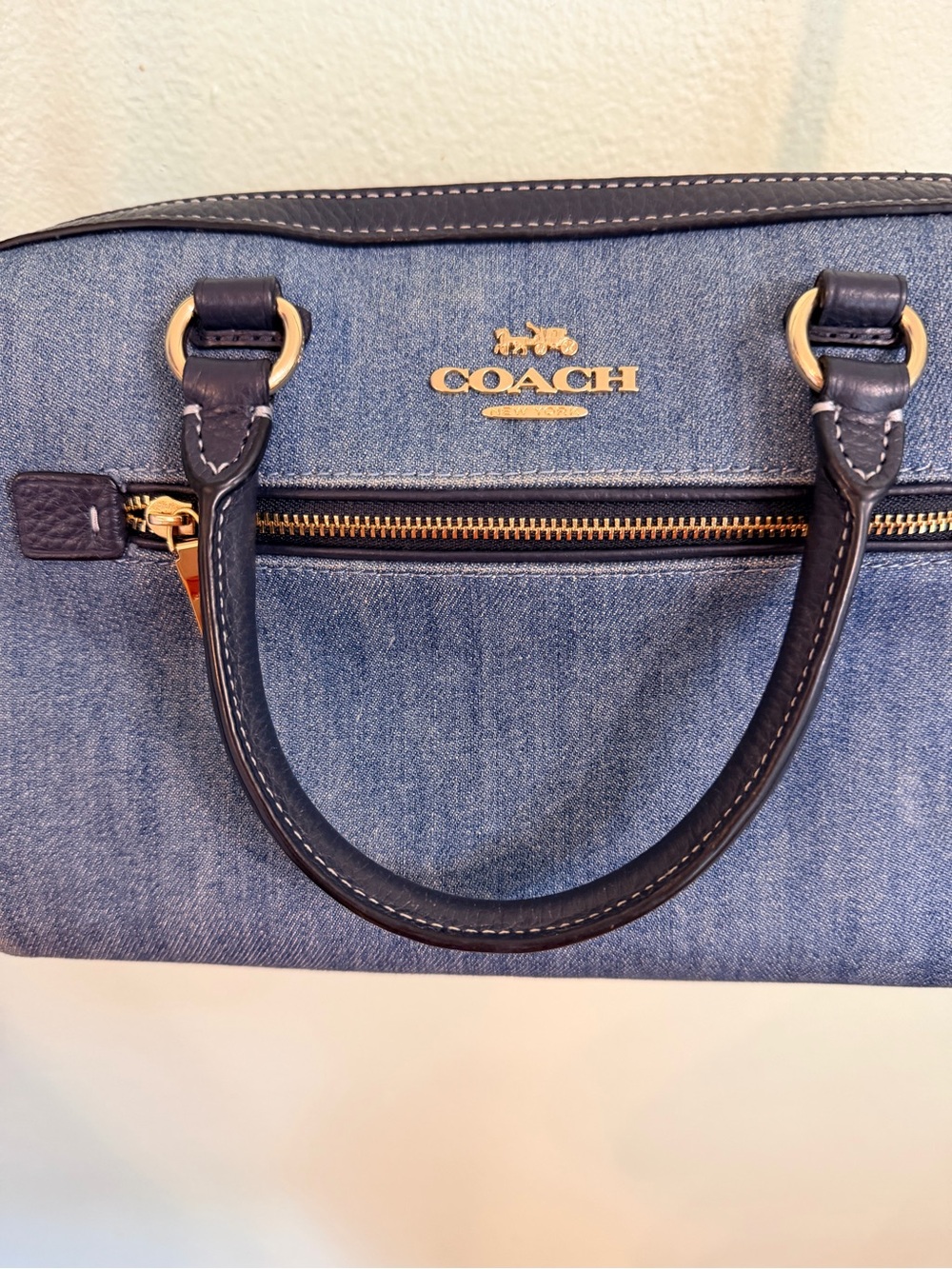 Coach Blue Denim Satchel with Navy Leather Trim and Gold Hardware - Picture 10 of 14